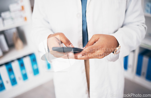 Image of Pharmacist, phone or hands of person texting in pharmacy to contact, email communication or reading chat. Social media or doctor on mobile app, typing or searching medical news on internet at work