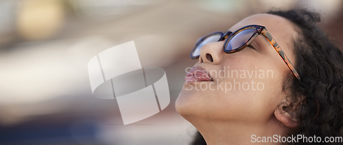 Image of Mockup, freedom and banner of a breathing woman getting fresh air, calm and break from business. Content, relax and benefits of employee resting for stress relief, relaxation and enjoying outdoors