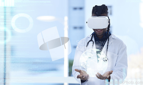 Image of Doctor, virtual reality and man with hologram of globe and digital transformation in healthcare, analytics and overlay. Tech growth in medicine, global network with male in VR goggles and futuristic