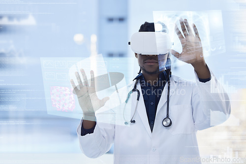 Image of Doctor, virtual reality and man in medicine hologram, x ray scan and digital transformation, analytics and overlay. Tech growth in health, data on screen with African male in VR goggles or futuristic