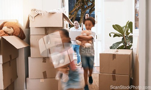 Image of Moving, running and happy with family at new house for real estate, property and mortgage. Future, investment and homeowner with excited children and parents at front door for rent, purchase or sale