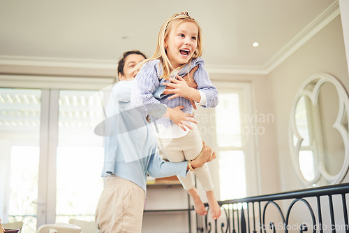 Image of Laughing, playful and mother with daughter at home for bonding, support and care on the weekend. Relax, airplane and happiness with woman carrying child for happy family, funny and flying games