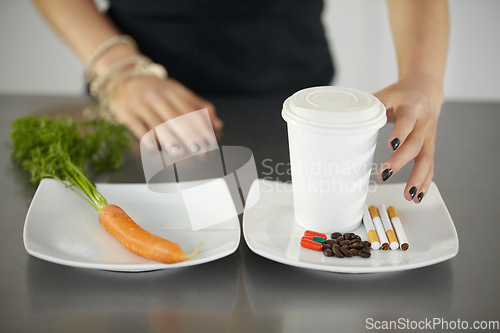 Image of Woman, healthy plate choice and unhealthy nutrition of coffee cup, cigarettes and pills. Anorexia, eating problem and person diet of caffeine, drugs and smoking or fresh organic carrot decision