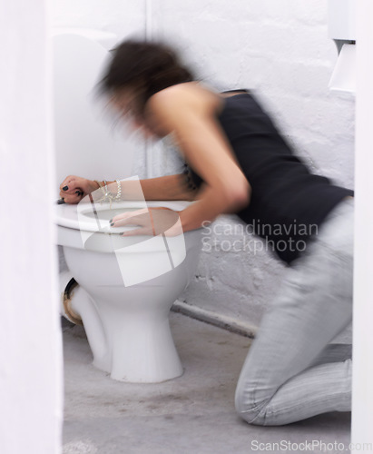 Image of Toilet, sick and woman vomiting while suffering from anorexia, depression or anxiety. Stress, bathroom and female with body dysmorphia, bulimia or an eating disorder, nausea and mental health problem