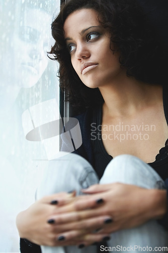 Image of Depression, rain and thinking with woman by window for sad, tired and lonely. Anxiety, mental health and exhausted with female contemplating at home for broken heart, disappointed and fear mockup