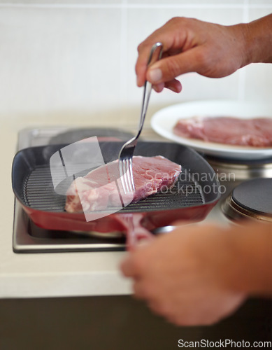 Image of Hands, steak and pan on stove with man, food preparation and healthy protein for wellness, diet and grill. Cooking, meat and nutrition for lunch, dinner or fine dining for health, lifestyle or beef