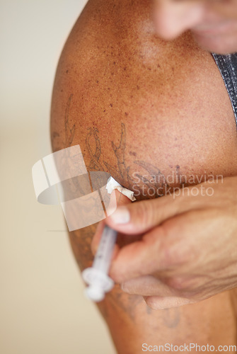 Image of Fitness, muscles and man with a steroids injection in arm for body growth or development. Sports, testosterone supplement and male body builder injecting illegal hormone liquid drug with needle.