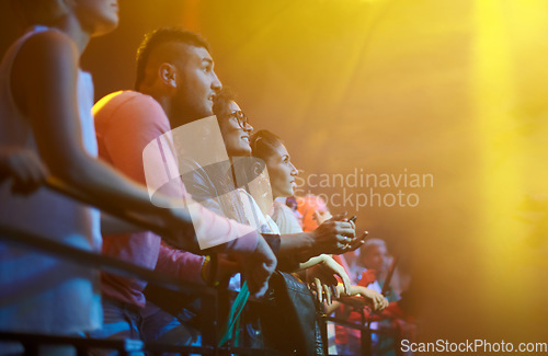 Image of Audience, fans watching concert and music festival with lights, mockup and crowd at fence at rock event on stage. Excited people at live band performance in arena, men and women with focus on show.