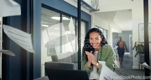 Image of Laptop, celebration or happy woman throw documents to celebrate stock market success, revenue or investment profit. Forex, finance economy or African agent applause for NFT, bitcoin or crypto trading