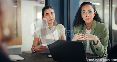 Image of Laptop, group collaboration and diversity women brainstorming financial growth, stock market or bitcoin investment. Crypto finance economy, forex management team and trader discussion on NFT trading