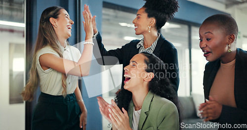 Image of Applause, laptop or women high five to celebrate stock market success, revenue or investment profit. Forex, finance economy or diversity trader team excited for NFT, bitcoin or crypto trading growth