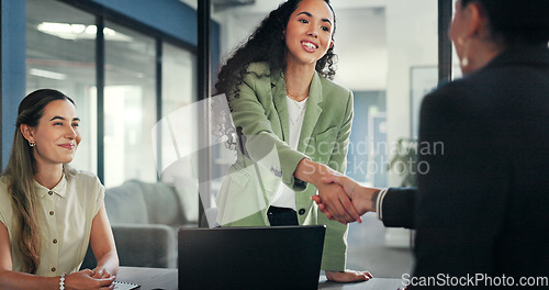 Image of Business applause, acquisition handshake and people celebrate investment, b2b contract deal or merger success. Client negotiation meeting, hand shake and group excited for women partnership agreement