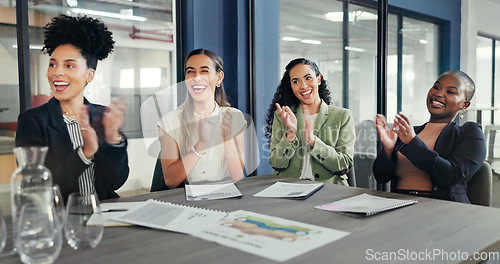 Image of Business presentation, crowd and applause in a office meeting feeling happy about success. Company growth, diversity and creative marketing team together in audience with happiness from strategy