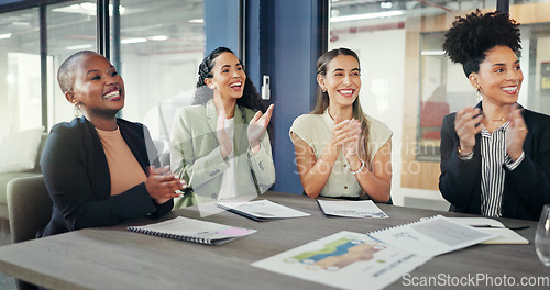 Image of Business presentation, crowd and applause in a office meeting feeling happy about success. Company growth, diversity and creative marketing team together in audience with happiness from strategy