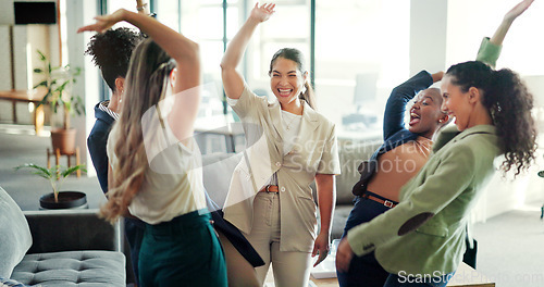 Image of Teamwork, partnership and business people with hands in support of collaboration, trust or mission in office huddle. Women, team and hand connect in vision, goal or motivation, celebration or success