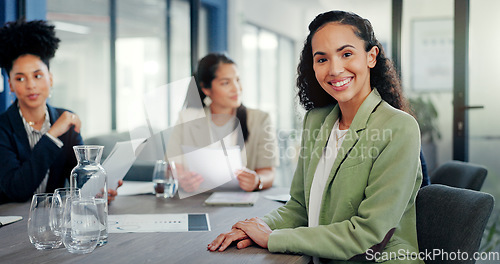 Image of Business, happy woman and portrait in meeting with team, management and company. Young female worker smile at office table for planning, trust and motivation of vision, staff goals or startup support