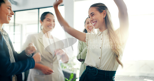 Image of Business woman dance, celebration and staff dancing with a smile feeling happiness together. Management, company office growth and success of women with team building and motivation in a workplace