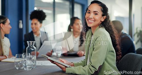 Image of Business woman, portrait and tablet in meeting for online planning, strategy and internet search. Happy female worker working on digital technology for productivity, connection and happiness in team