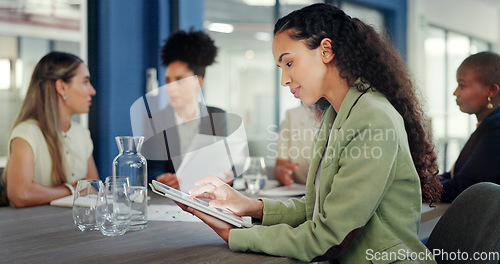 Image of Business woman, portrait and tablet in meeting for online planning, strategy and internet search. Happy female worker working on digital technology for productivity, connection and happiness in team