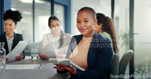 Image of Business meeting, black woman and portrait with tablet for online planning, strategy and smile. Happy female worker working on digital technology for productivity, connection and happiness in startup