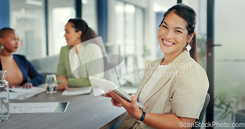 Image of Business, woman and portrait with tablet in office for online planning, strategy and smile. Female worker working on digital technology for productivity, connection and happiness in startup company