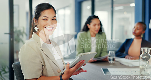 Image of Business, woman and portrait with tablet in office for online planning, strategy and smile. Female worker working on digital technology for productivity, connection and happiness in startup company