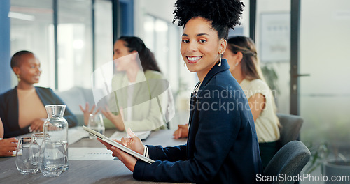 Image of Black woman, tablet and portrait in office meeting for online planning, strategy and smile. Happy female worker working on digital technology for productivity, connection and happiness in company
