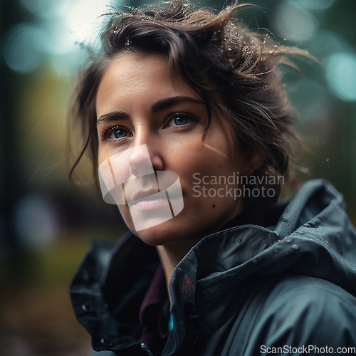 Image of Natural, real person portrait and closeup of a woman, girl or female outside in nature or a forest. Artistic, edgy and cute or pretty face - AI generated