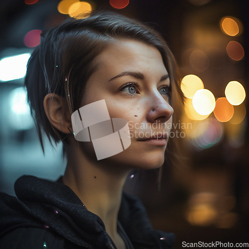 Image of Natural, real person portrait and closeup of a woman, girl or female outside in nature or a forest. Artistic, edgy and cute or pretty face - AI generated