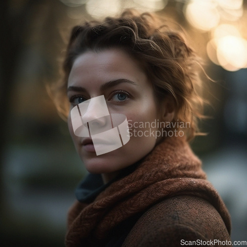 Image of Natural, real person portrait and closeup of a woman, girl or female outside in nature or a forest. Artistic, edgy and cute or pretty face - AI generated