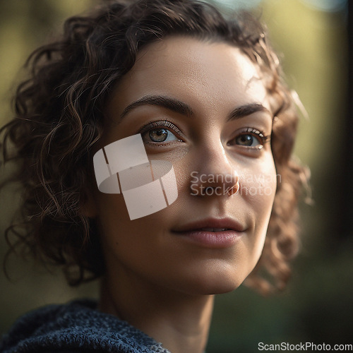 Image of Natural, real person portrait and closeup of a woman, girl or female outside in nature or a forest. Artistic, edgy and cute or pretty face - AI generated