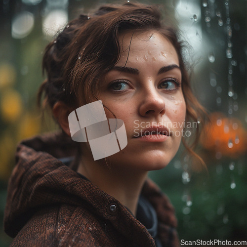 Image of Natural, real person portrait and closeup of a woman, girl or female outside in nature or a forest. Artistic, edgy and cute or pretty face - AI generated