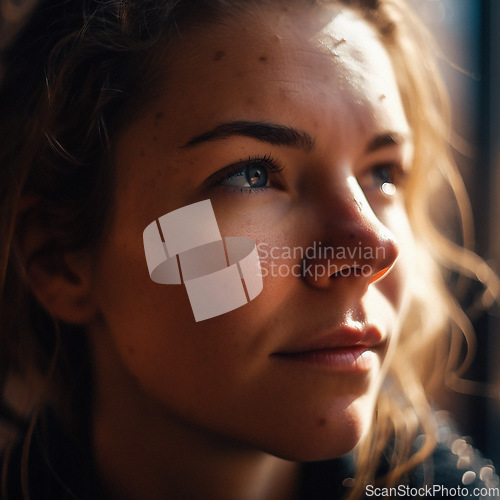 Image of Natural, real person portrait and closeup of a woman, girl or female outside in nature or a forest. Artistic, edgy and cute or pretty face - AI generated