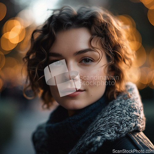 Image of Natural, real person portrait and closeup of a woman, girl or female outside in nature or a forest. Artistic, edgy and cute or pretty face - AI generated