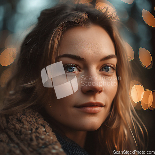 Image of Natural, real person portrait and closeup of a woman, girl or female outside in nature or a forest. Artistic, edgy and cute or pretty face - AI generated