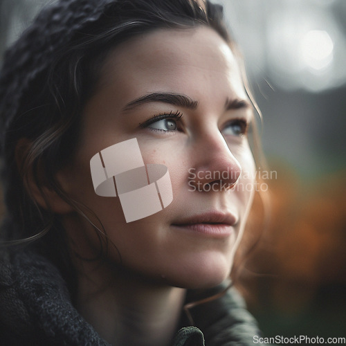 Image of Natural, real person portrait and closeup of a woman, girl or female outside in nature or a forest. Artistic, edgy and cute or pretty face - AI generated