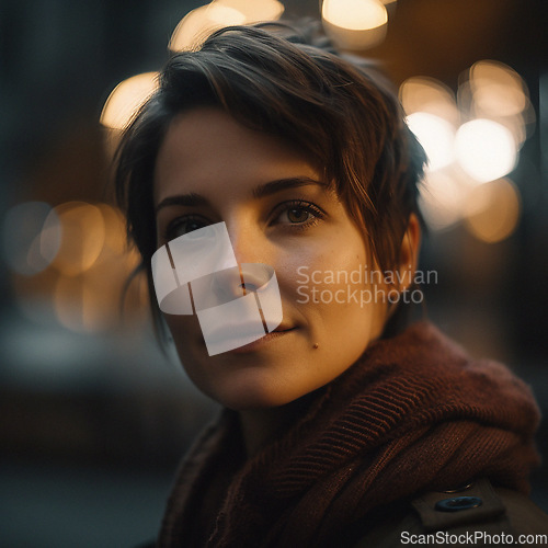 Image of Natural, real person portrait and closeup of a woman, girl or female outside in nature or a forest. Artistic, edgy and cute or pretty face - AI generated