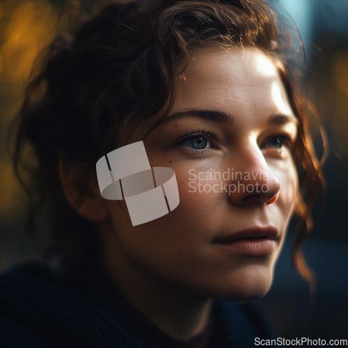 Image of Natural, real person portrait and closeup of a woman, girl or female outside in nature or a forest. Artistic, edgy and cute or pretty face - AI generated