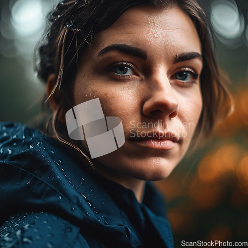 Image of Natural, real person portrait and closeup of a woman, girl or female outside in nature or a forest. Artistic, edgy and cute or pretty face - AI generated