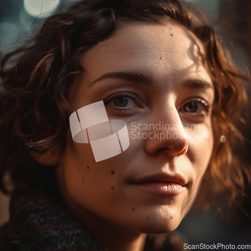 Image of Natural, real person portrait and closeup of a woman, girl or female outside in nature or a forest. Artistic, edgy and cute or pretty face - AI generated