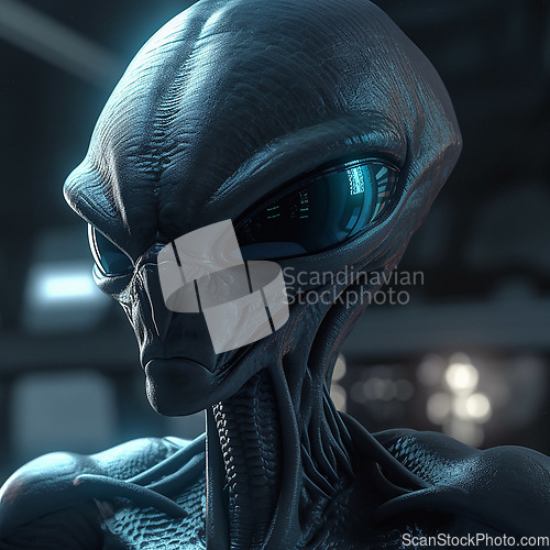 Image of Alien attack or abduction or in a UFO space ship, visitor or scary world or universe with invasion, technology and martians. A close up or portrait of aliens for horror, strange and special effects.
