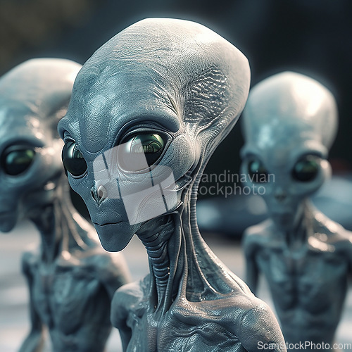 Image of Alien attack or abduction or in a UFO space ship, visitor or scary world or universe with invasion, technology and martians. A close up or portrait of aliens for horror, strange and special effects.