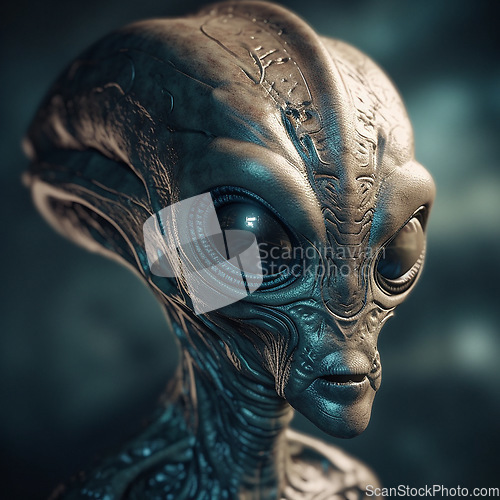 Image of Alien attack or abduction or in a UFO space ship, visitor or scary world or universe with invasion, technology and martians. A close up or portrait of aliens for horror, strange and special effects.