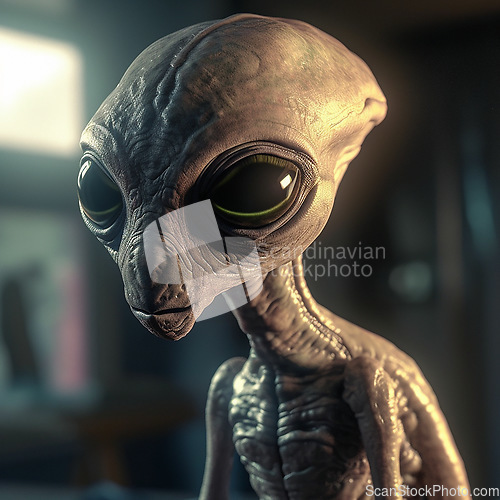 Image of Alien attack or abduction or in a UFO space ship, visitor or scary world or universe with invasion, technology and martians. A close up or portrait of aliens for horror, strange and special effects.