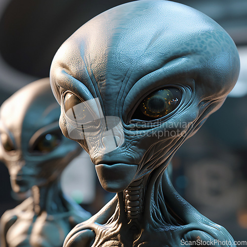 Image of Alien attack or abduction or in a UFO space ship, visitor or scary world or universe with invasion, technology and martians. A close up or portrait of aliens for horror, strange and special effects.