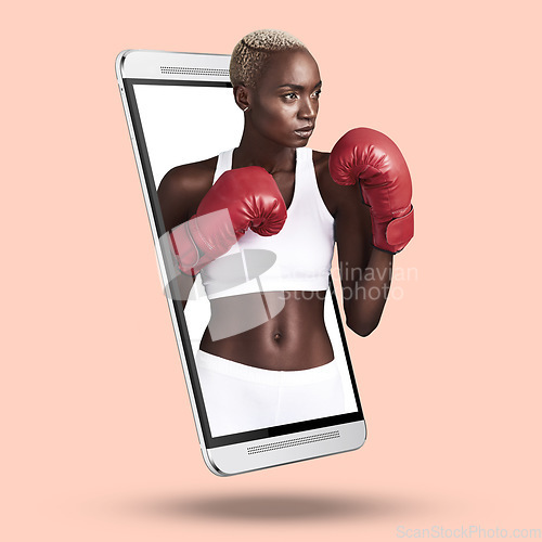 Image of Phone, boxing and fitness app with black woman on studio background for sports, workout or training. Female with boxer gloves for online exercise tips, internet search and 3D display on screen mockup