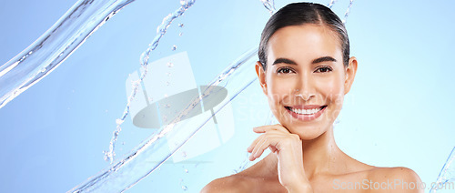 Image of Banner, skincare portrait or happy woman with beauty or smiling female model face on studio background. Dermatology copy space, water or beautiful girl with facial treatment, smile or glowing results