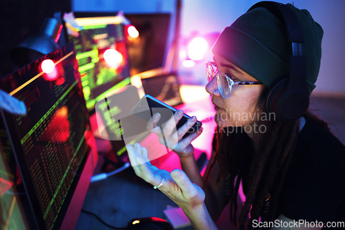 Image of Computer screen, phone call or girl hacker in basement in dark room at night for hacking, phishing or cybersecurity. Voice note, woman or code for hacking, digital transformation or networking online