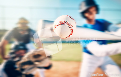 Image of Baseball ball, athlete bat swing and speed on outdoor sport field with team and blur. Sports fast pitch, softball player hit and man on exercise ground in a stadium and usa game for fitness training