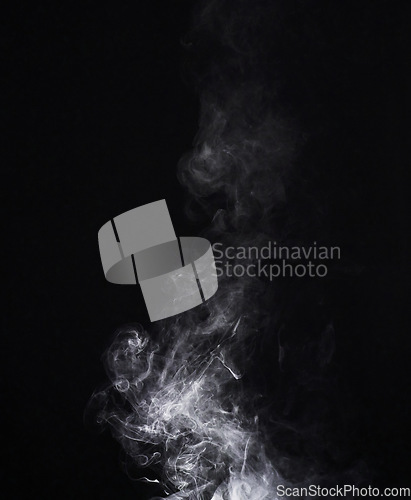 Image of Grey smoke, white backdrop and png background with no people and fog in air. Smoking, smog swirl and isolated with smoker art from cigarette or pollution with graphic space for incense creativity